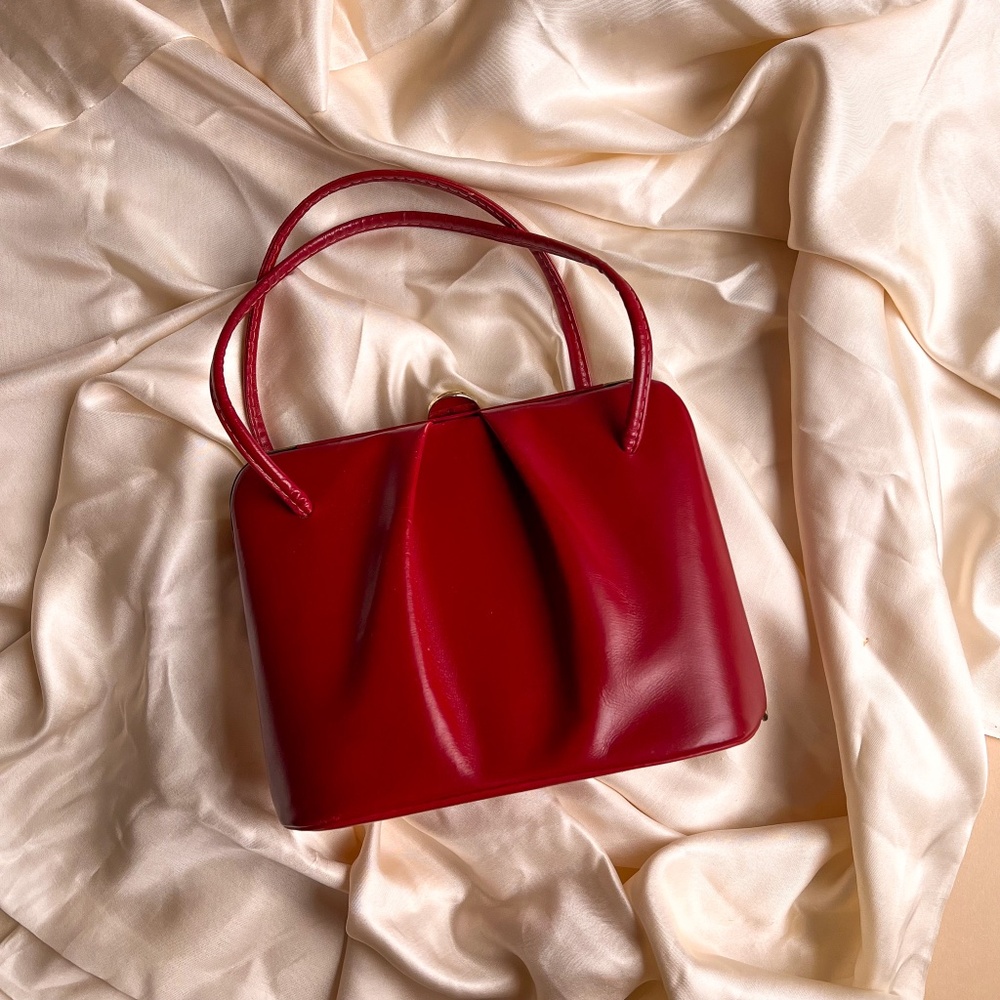 Vintage 1950s Ruby Red Leather Structured Handbag - image 1